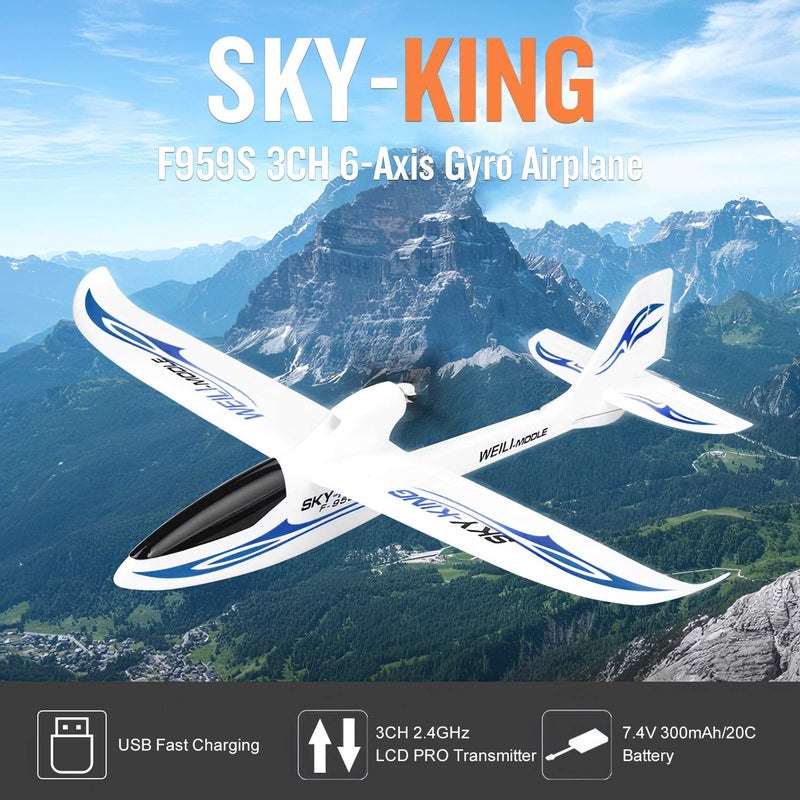 GoolRC طائرة جولي آر سي 3CH طائرة سماء كينغ طائرة مقاتلة ألعاب، 2.4GHz مثبت جيروسكوب 6 محاور طائرة شراعية جاهزة للطيران، سهلة الطيران للمبتدئين البالغين باللون الأزرق - Image 2